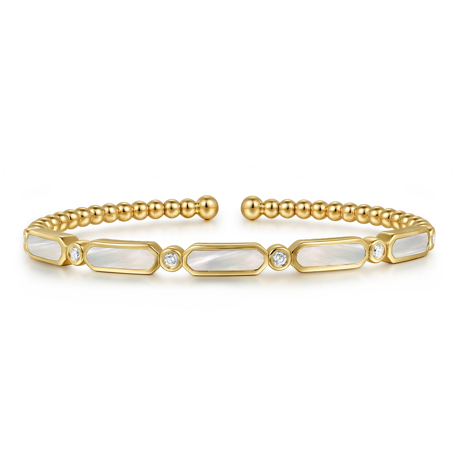 14K YELLOW GOLD 6 ROUND 0.20CTW DIAMONDS AND 5 WHITE MOTHER OF PEARL 2.09CTW BUJUKAN BANGLE BRACELET