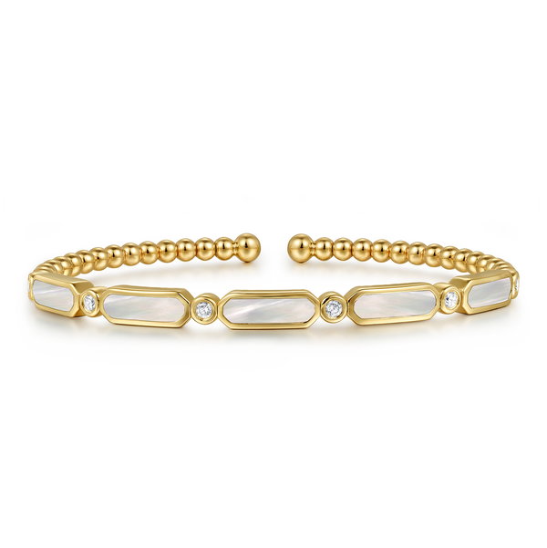 14K YELLOW GOLD 6 ROUND 0.20CTW DIAMONDS AND 5 WHITE MOTHER OF PEARL 2.09CTW BUJUKAN BANGLE BRACELET