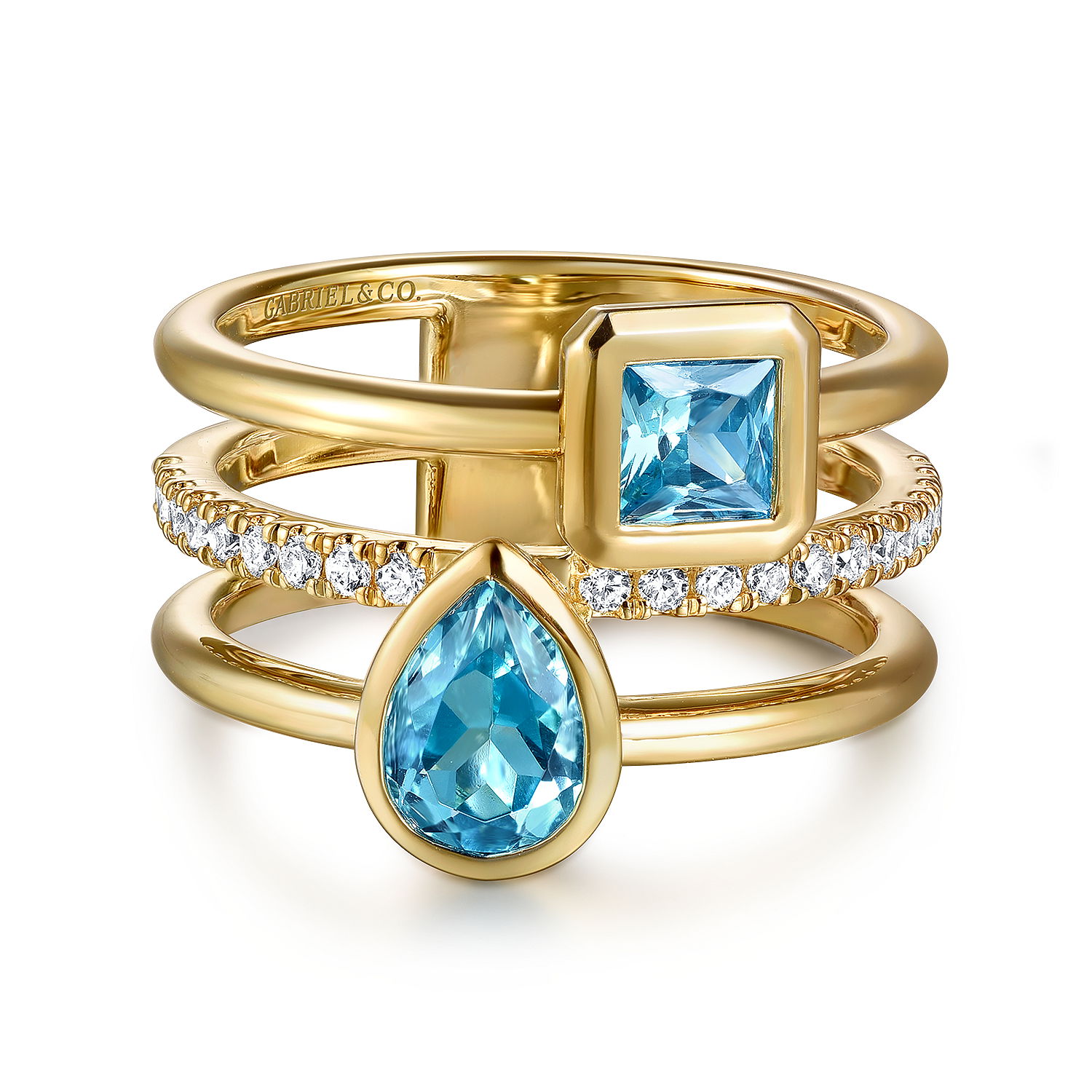 14K YELLOW GOLD 2 PEAR AND PRINCESS 1.16CTW SWISS BLUE TOPAZ & 21 ROUND 0.21CTW DIAMOND STACKABLE RING