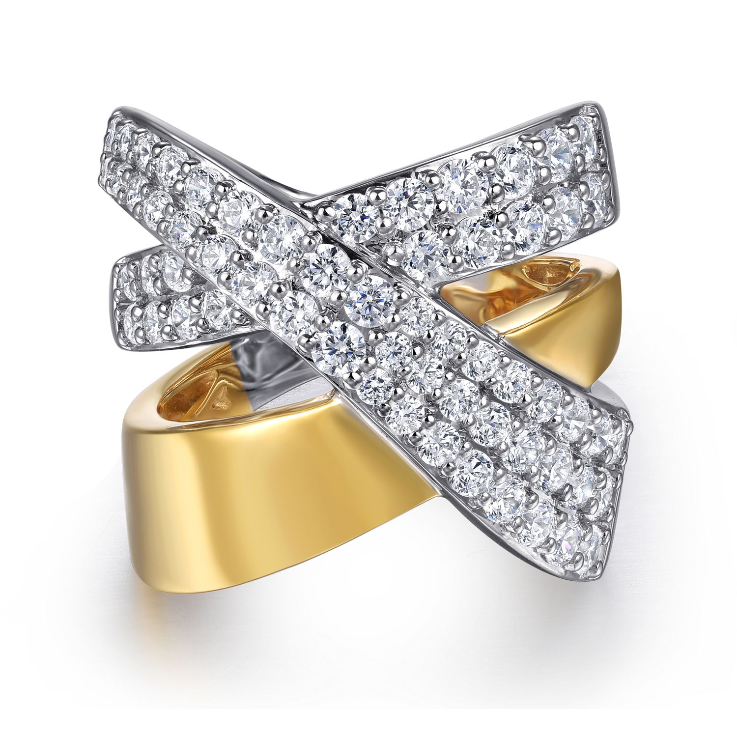 14K TWO-TONE GOLD 60 ROUND 1.74CTW DIAMONDS CRISS CROSS RING