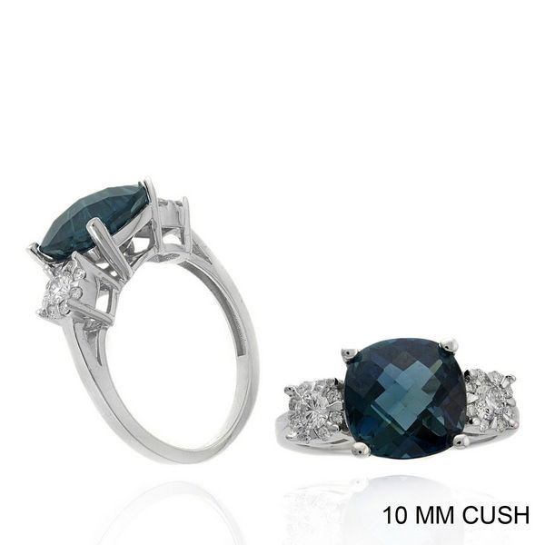 14KW CUSHION BLUE TPZ @ 5.00CT & RD DIA @ .36CTTW RING