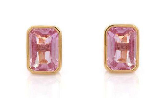 10KY 6X4 EMERALD CUT LAB CREATED PINK TOURMALINE BEZEL SET STUD EARRINGS