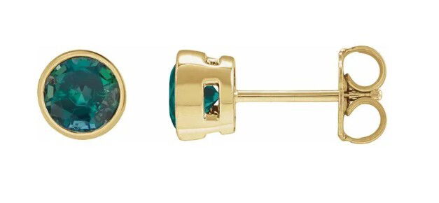 10KYG 5MM ROUND LAB GROWN ALEXANDRITE BEZEL SET STUD EARRINGS
