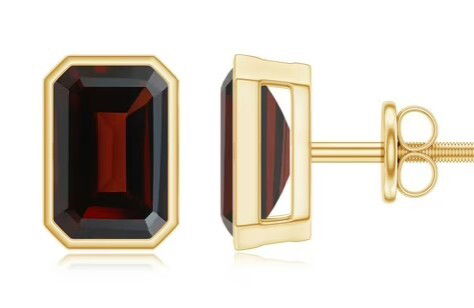 10KY 6X4 EMERALD CUT GARNET BEZEL SET STUD EARRINGS