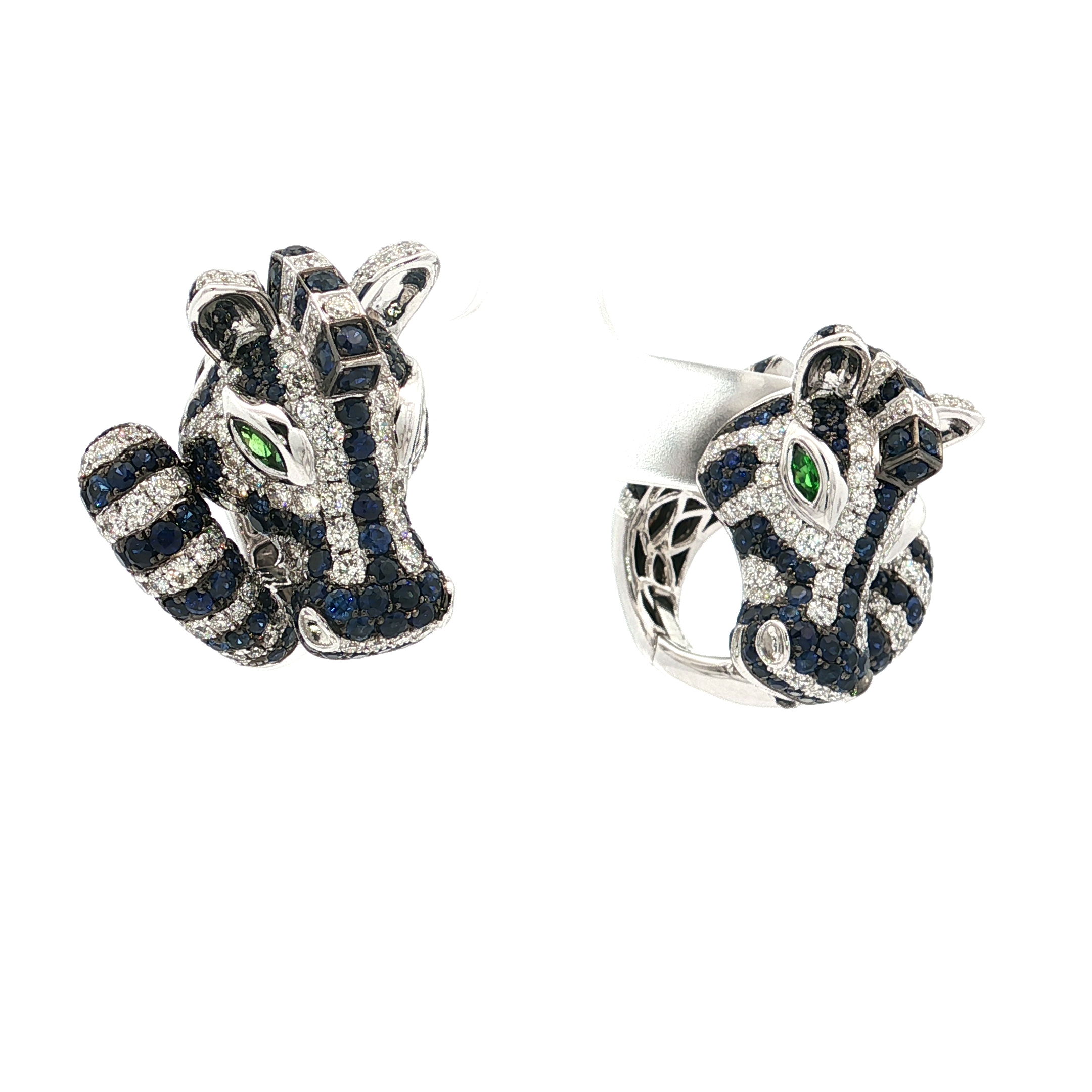 14KWG 4.63CTTW SAPP, .33CTTW GREEN GAR & 3.12CTTW RD DIA "ZEBRA" EARRINGS