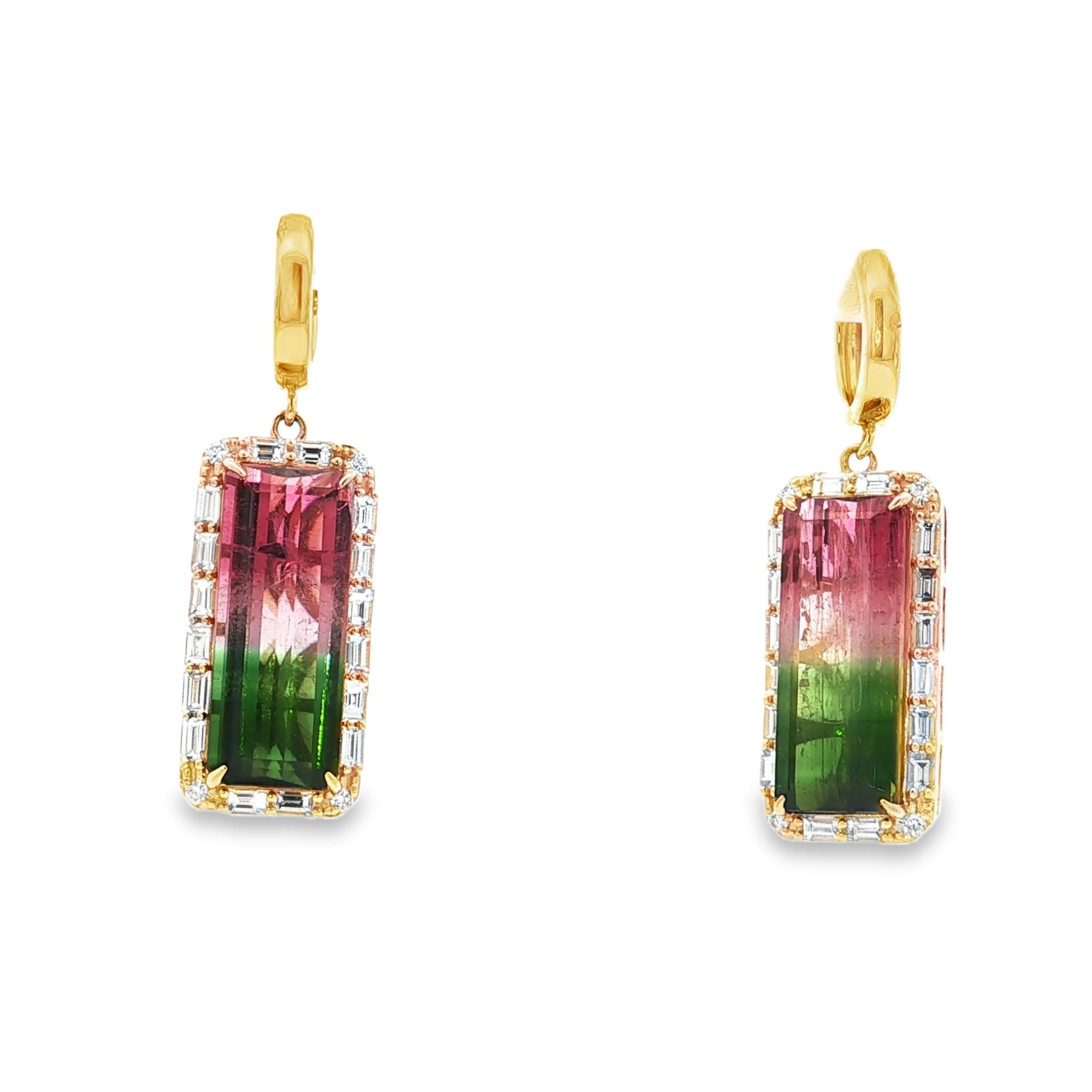 14KY 14.17 WATERMELON TOURM & 1.44CTTW EC DIA EARRINGS