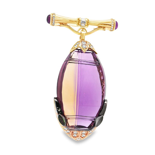 18KY 81.58 AMETRINE, 1.20CTTW AM, .50CTTW TSAV & 1.70CTTW RB DIA BROOCH