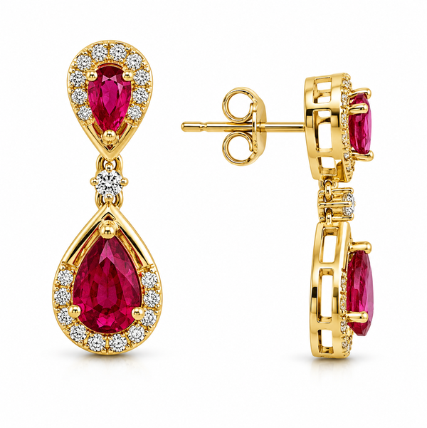 14KY 2.10CT PS RUBY & .35CT RB DIA DROP EARRINGS
