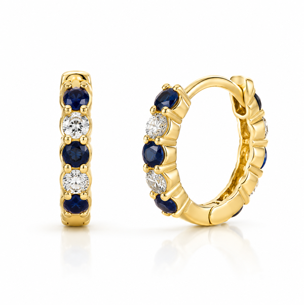 14K Yellow Gold Sapphire & Diamond Huggie Hoop Earrings