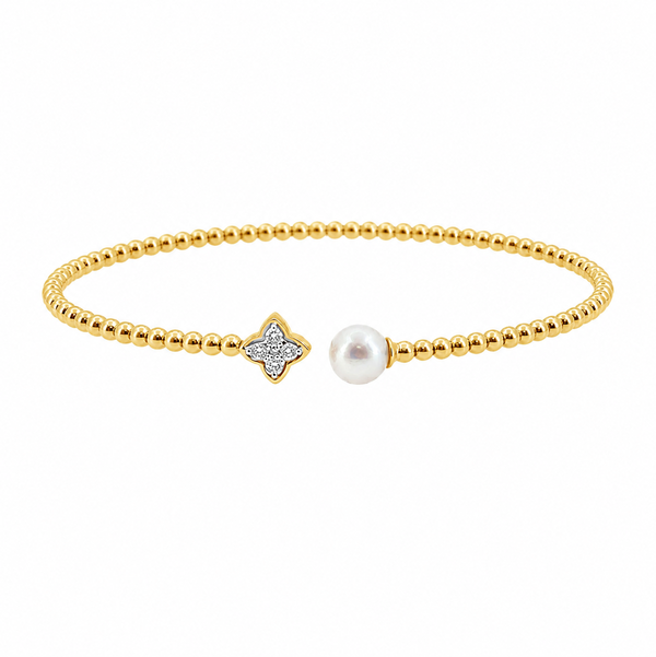 14KYG 5.5-6.0MM FW PEARL & 5 DIAMONDS 0.10CTW BEADED CUFF BANGLE BRACELET