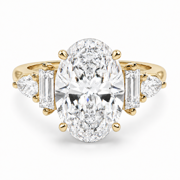 14KY .45CT 5 STONE ENGAGEMENT RING W/ PEAR & BAGUETTE ACCENTS FOR 2CT OVAL