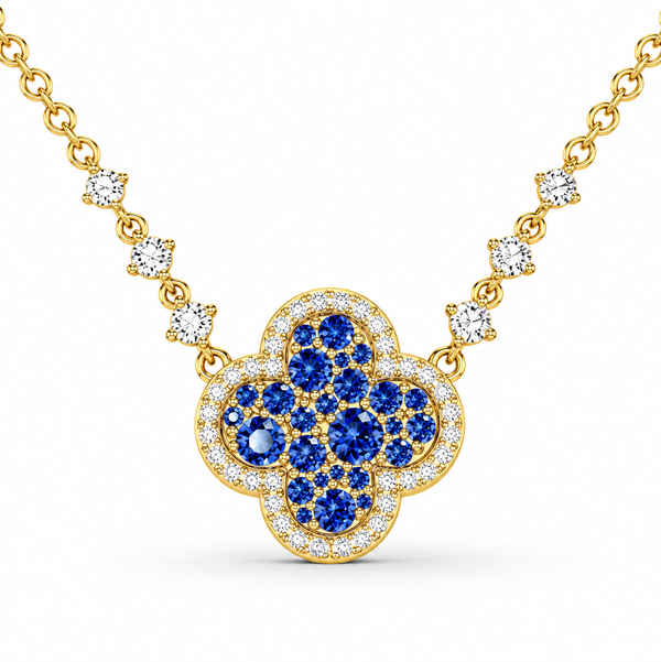 14KYG 26 ROUND BLUE SAPPHIRES 0.75CTW & 41 ROUND DIAMONDS 0.45CTW CLOVER INSPIRED 18" NECKLACE