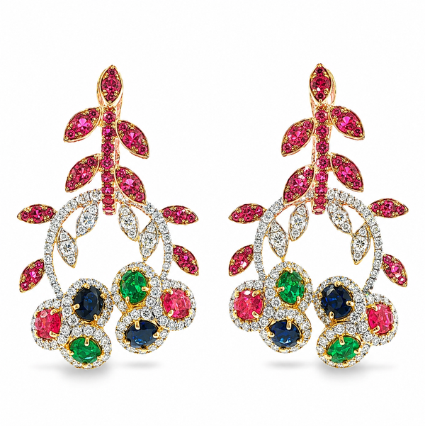 14KYW 3.01CTW RUBY, .79CTW EMERALD, 1.31CTW SAPPHIRE & 2.10CTW ROUND BRILLIANT DIAMOND DANGLE EARRINGS