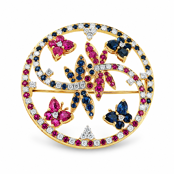 14KYW 1.77CTW BLUE SAPPHIRE, 1.76CTW RUBY & .91CTW RB DIAMOND DRAGONFLY/BUTTERFLY BROOCH