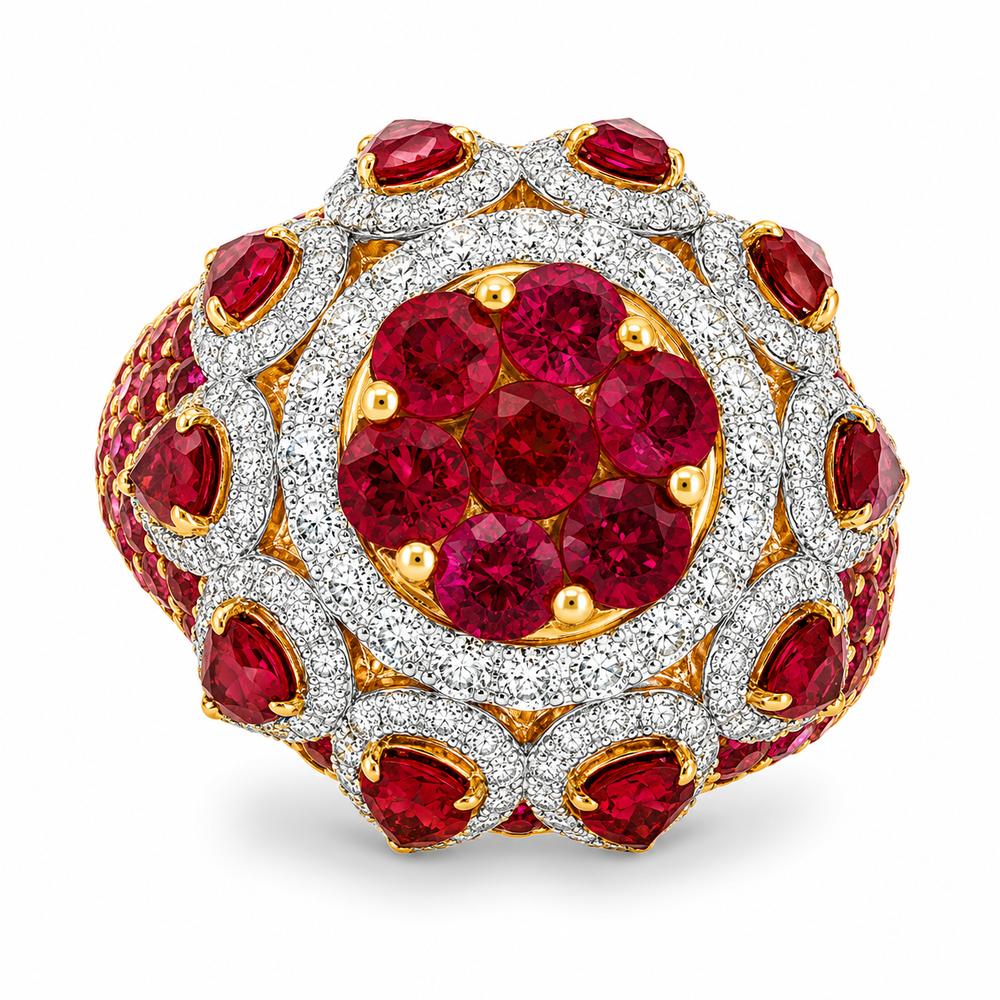 14KYW 4.56CTW PEAR/ ROUND SHAPED RUBY & 1.16CTW ROUND BRILLIANT