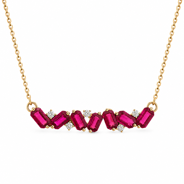 14KR 3.15CTW EMERALD CUT RUBY & .10CTW ROUND BRILLIANT DIAMOND BAR NECKLACE