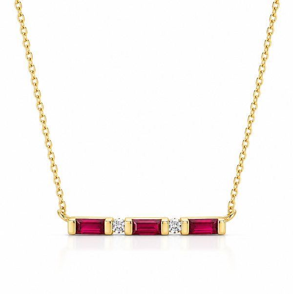 14KY .54CTW BAGUETTE RUBY & .07CTW ROUND BRILLIANT DIAMOND BAR NECKLACE