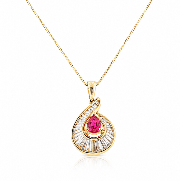 18KY .44CT PS RUBY & .65CTW BAGUETTE DIAMOND PENDANT W/ADJ CHAIN