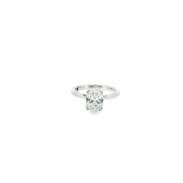PLATINUM 3.00CT H-I/VVS2-VS1 IGI#43J0108926 LAB GROWN OVAL CUT DIAMOND & 0.15CTW 18 RB LAB GROWN DIA'S HIDDEN HALO DOUBLE PRONG KNIFE EDGE SOLITAIRE ENGAGEMENT RING