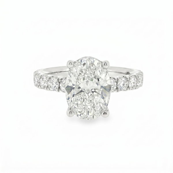 PLATINUM 3.01CT GH/VS1-VS0 IGI#LG43J0109626 LAB GROWN OVAL CUT DIAMOND & 0.99CT 30 RB LAB GROWN DIA'S HIDDEN HALO STRAIGHT PRONG ENGAGEMENT RING