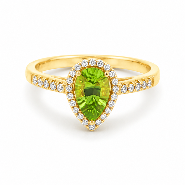 18KY .81CT PEAR SHAPE PERIDOT & .18CTW RB DIAMOND HALO RING