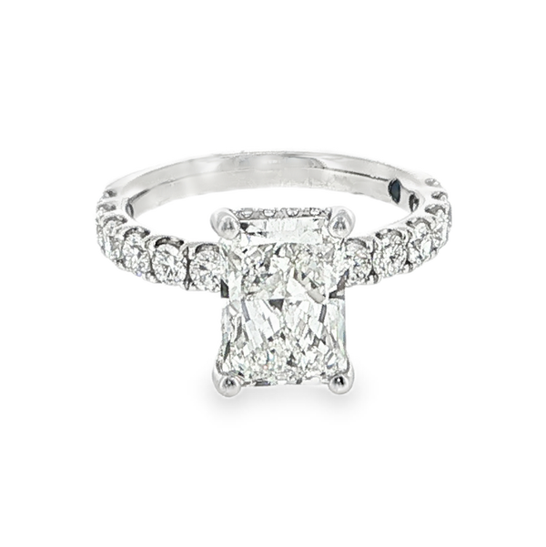 PLATINUM 2.99CT EF/VS1-VS2 IGI#43J0109526 LAB GROWN RADIANT CUT DIAMOND & 1.01CT 30 RB LAB GROWN DIA'S HIDDEN HALO STRAIGHT PRONG ENGAGEMENT RING
