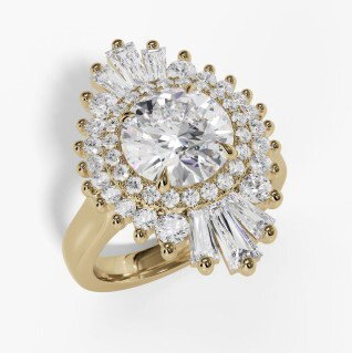 14KYG 6 BAGUETTES & 40 ROUND DIAMONDS 0.75CTW HALO SEMI-MOUNT FOR 8x5.5MM OVAL CENTER STONE