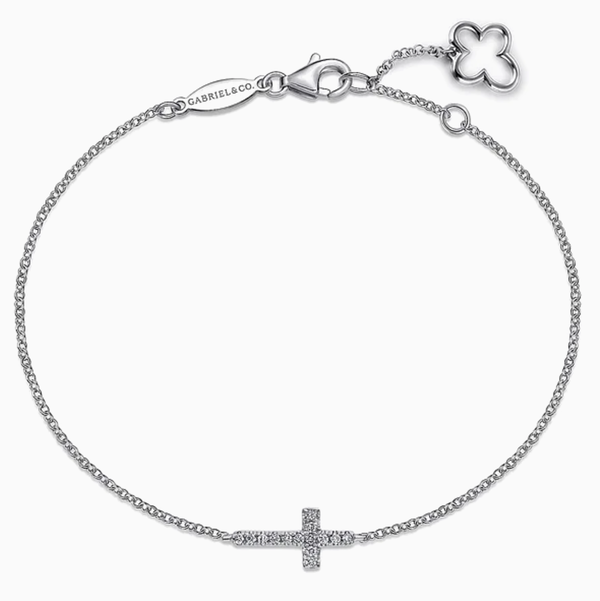 14KWG 14 BR DIAMONDS 0.07CT HORIZINTAL CROSS CABLE CHAIN BRACELET -- 7"