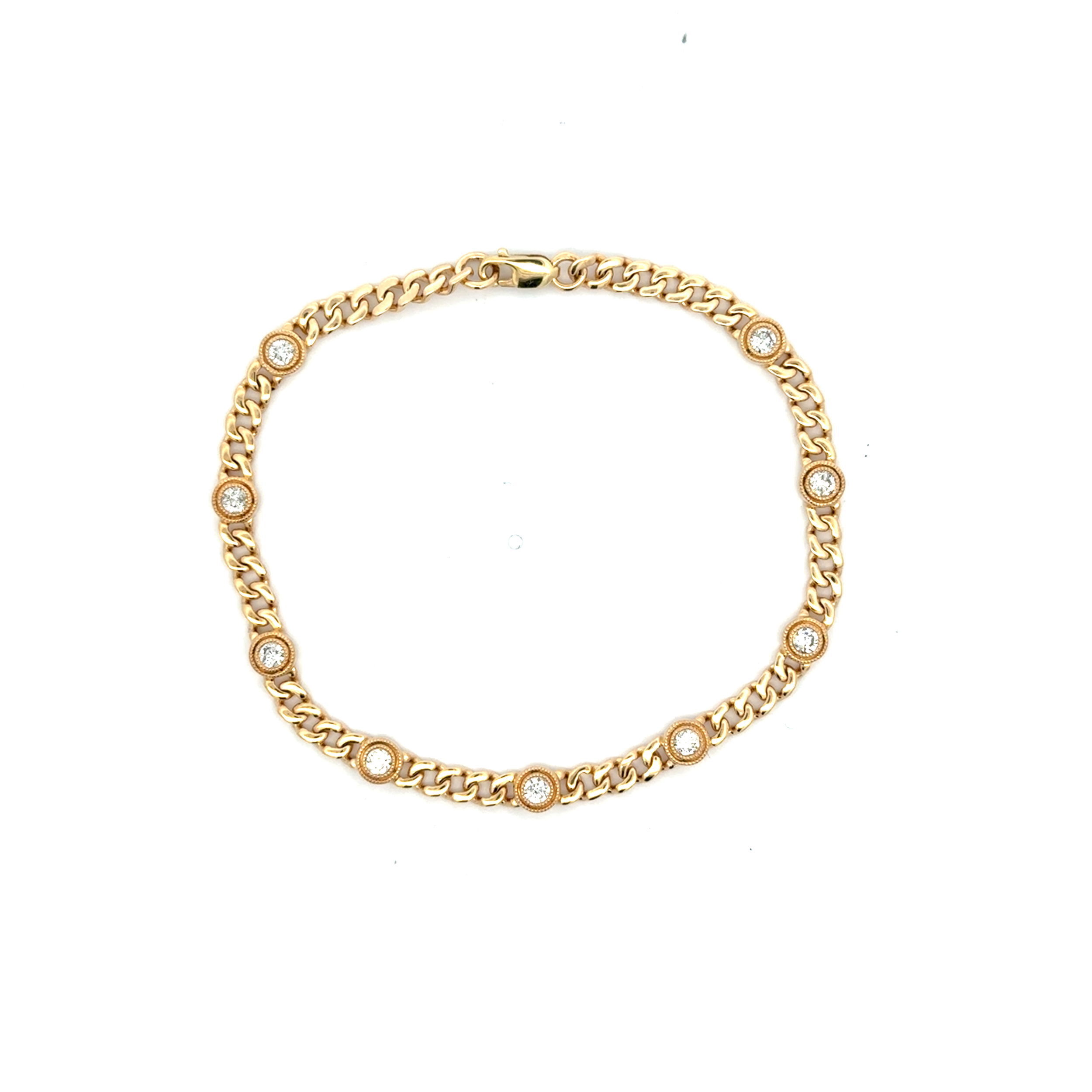 14KYG 9 BR DIAMONDS 0.75CT MILGRAIN BEZEL STATION CUBAN LINK BRACELET 14KYG 9 BR DIAMONDS 0.75CT MILGRAIN BEZEL STATION CUBAN LINK BRACELET