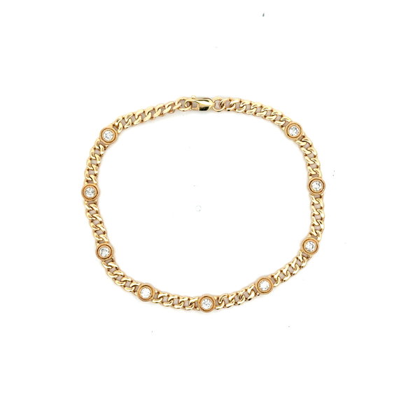 14KYG 9 BR DIAMONDS 0.75CT MILGRAIN BEZEL STATION CUBAN LINK BRACELET