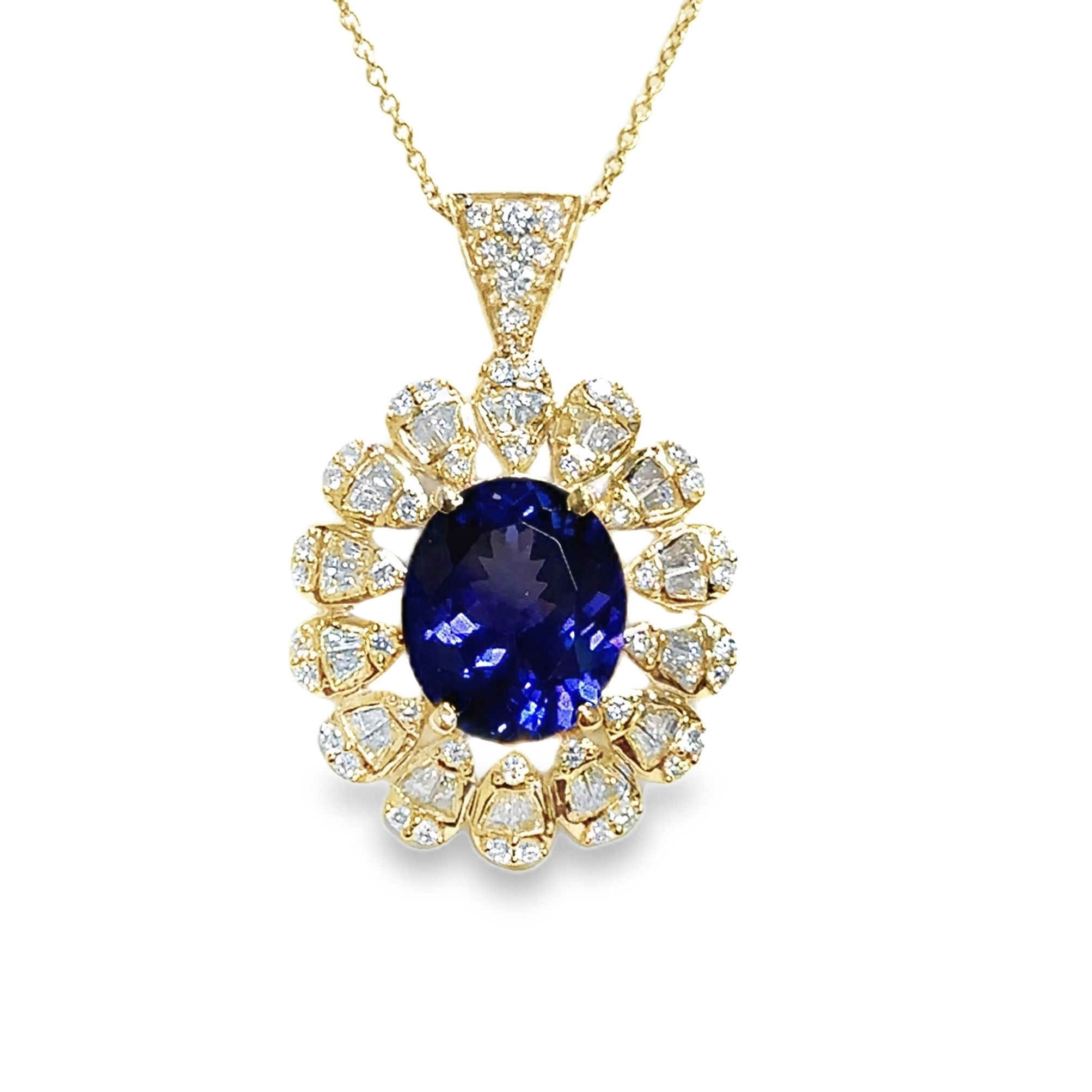 14KYG 4.72CT OVAL TANZANITE -- 26 BAGUETTES & 49 BR DIAMONDS 0.85CT HALO PENDANT W/20" CABLE CHAIN