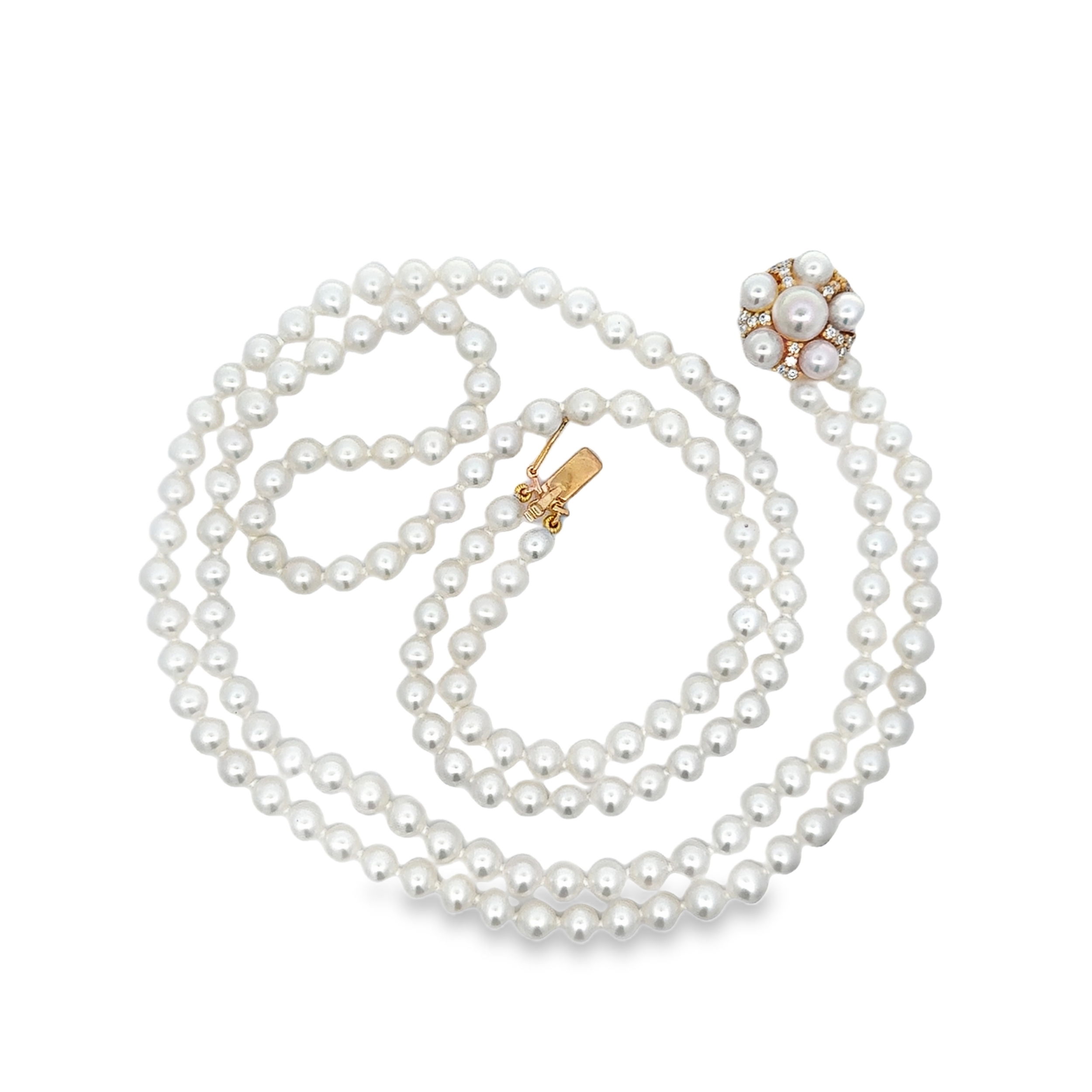 14KYG 151 FW PEARLS, 20 BR DIA 0.25CT 2-STRAND PEARL NECKLACE