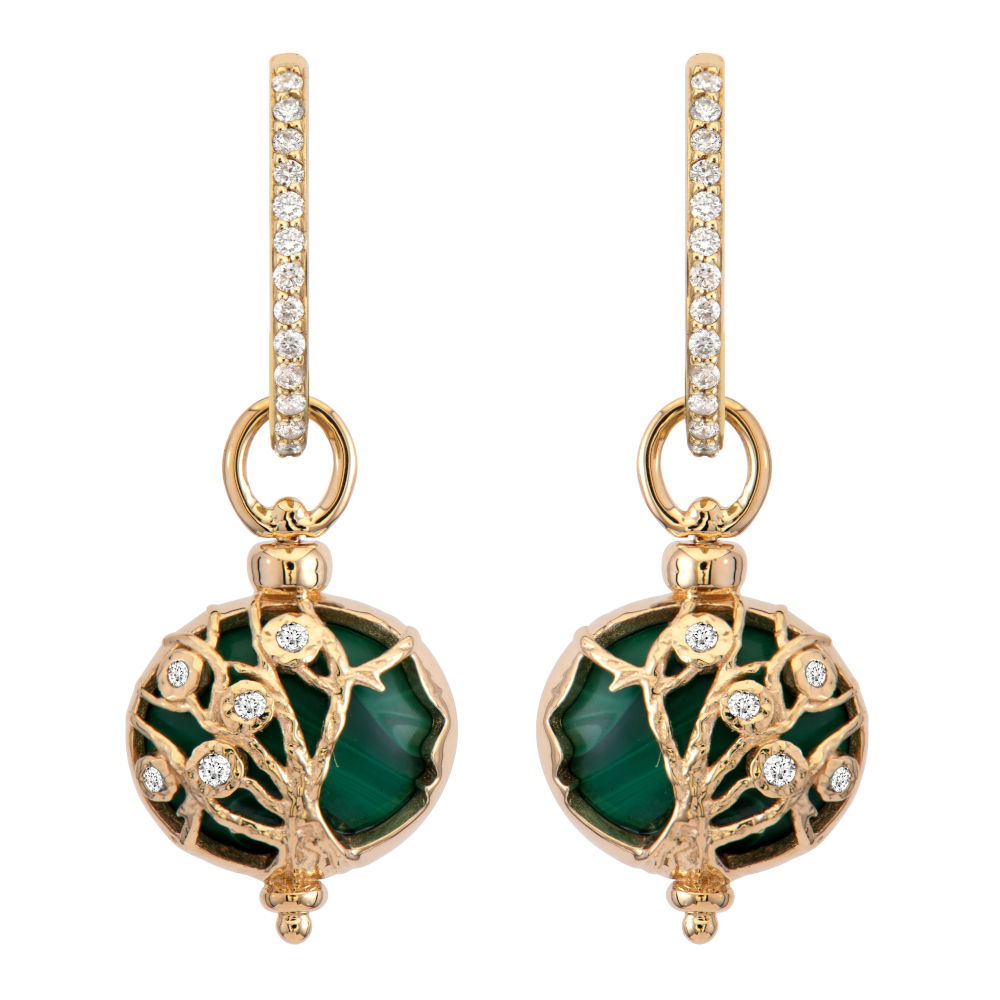 The tree of life represents beauty, hope and strength, each branch reaching up and growing toward the sparkling sky. The Tree of Life Top Switch Charm is a stunning 14k gold and diamond tree overlaid on a bright natural malachite. From the Stories of Elements Collection, these charms showcase the Three Stories top switch mechanism that allow you to rotate the jump ring so the charm is multi-functional and can be worn as an earring on hoops or as a pendant on a chain necklace or bracelet without skipping a beat. Hoops and charms sold separately; charms sold as singles. Single Tree Of Life Top Switch Charm