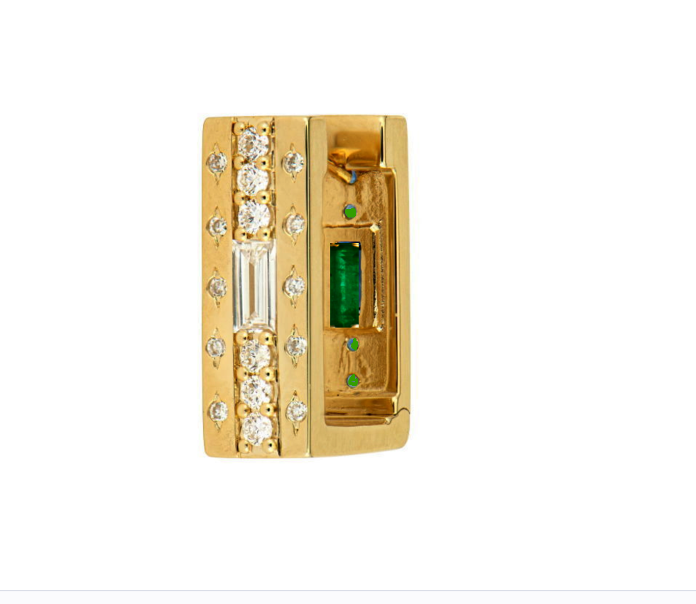 Bold and beautiful! The Wide Double Sided Rectangular Hoop Earrings are a statement making earring. With baguette, prong and metal set diamonds on one side, and round and baguette emeralds on the other these hoops will stun no matter how you wear. Set in 14k yellow gold, these earrings will be sure to help tell your story. SOLD AS SINGLES Double Sided Wide Rectangular Hoop Earrings- Emerald