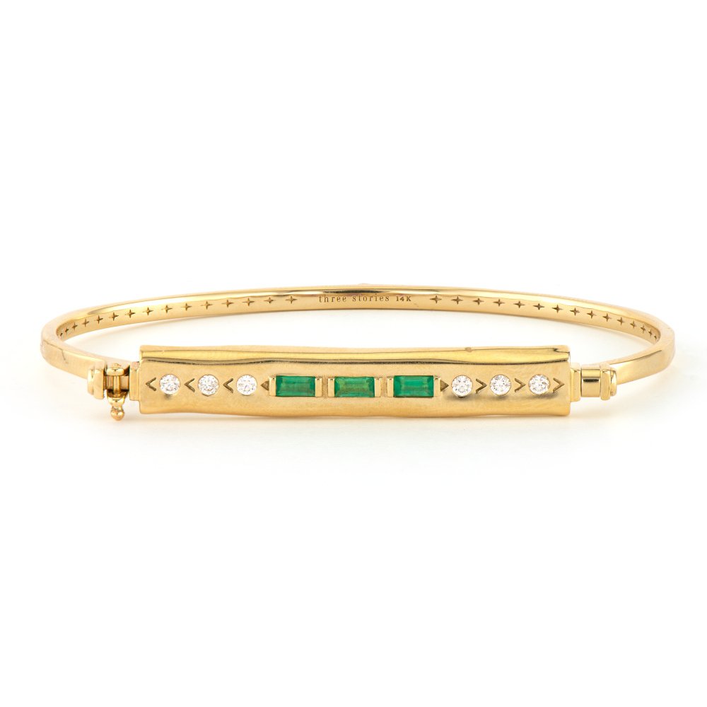 Flat Top Wide Baguette Flip Bangle with Emerald and Sapphire