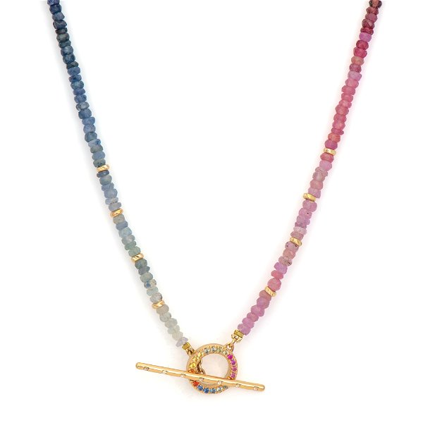 Closeup photo of Sparkling Sea Ombre Sapphire and Gold Beaded Chain with Round Sapphire Toggle