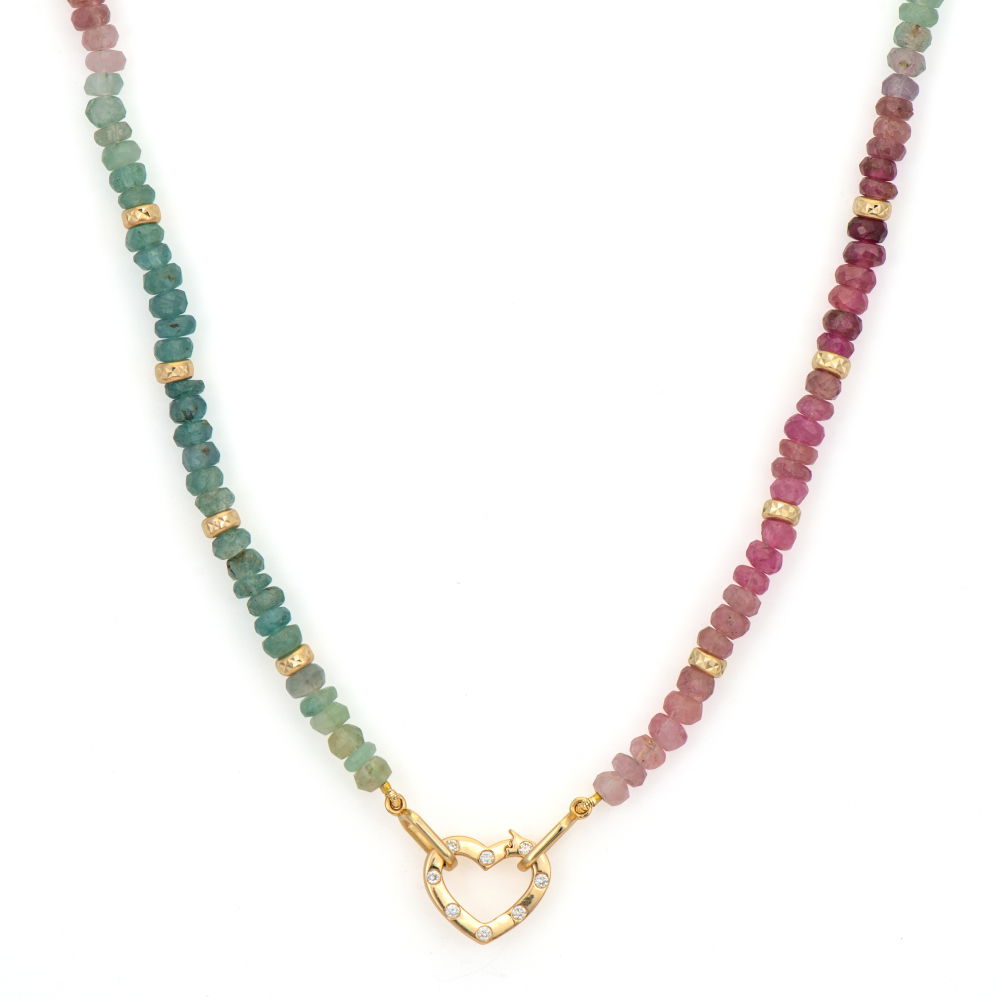 Trust Your Heart Ombre Tourmaline and Gold Beaded Chain with Openable Heart Bale