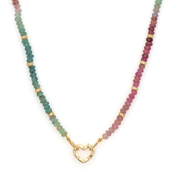Closeup photo of Trust Your Heart Ombre Tourmaline and Gold Beaded Chain with Openable Heart Bale