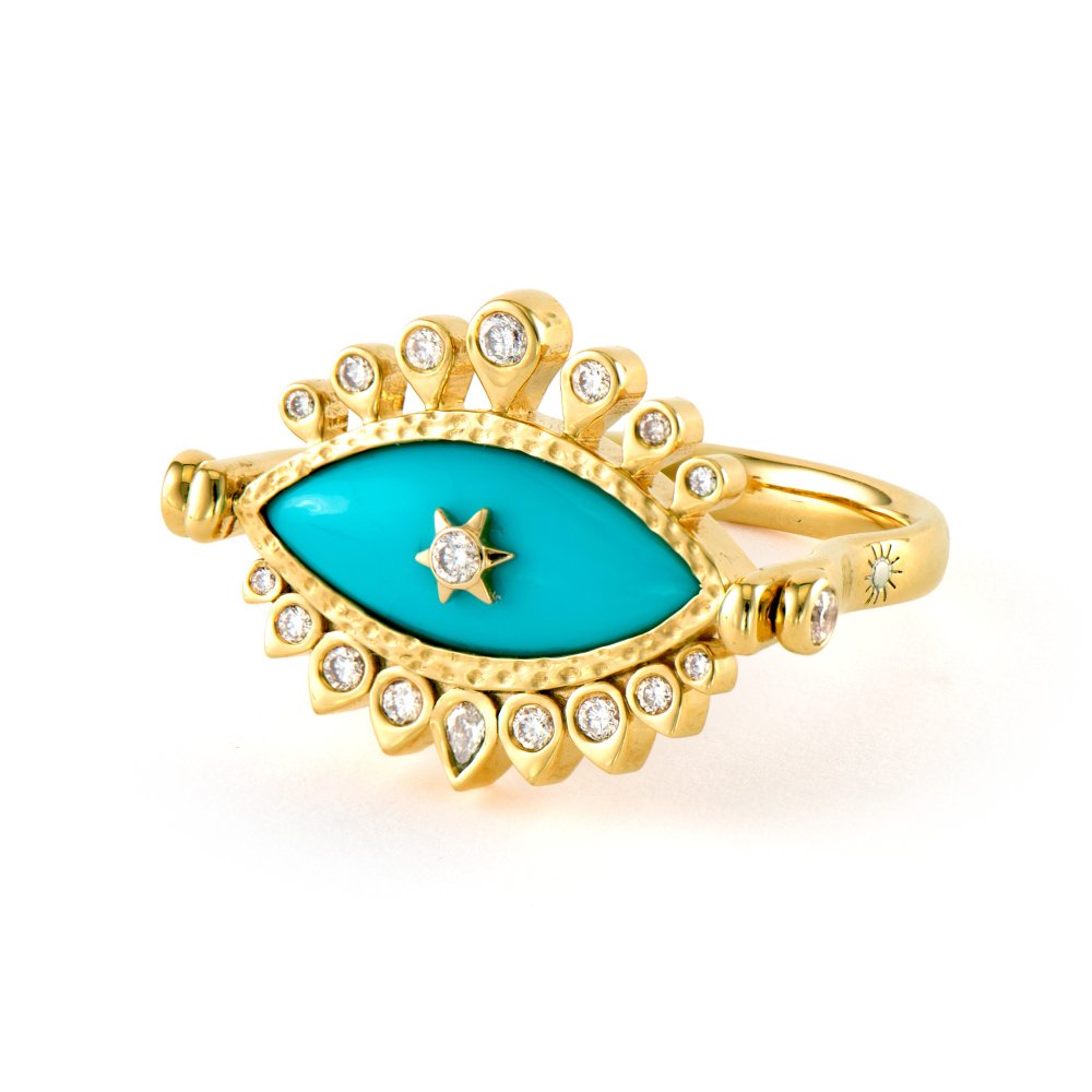 Bejeweled Evil Eye and Turquoise Flip Ring