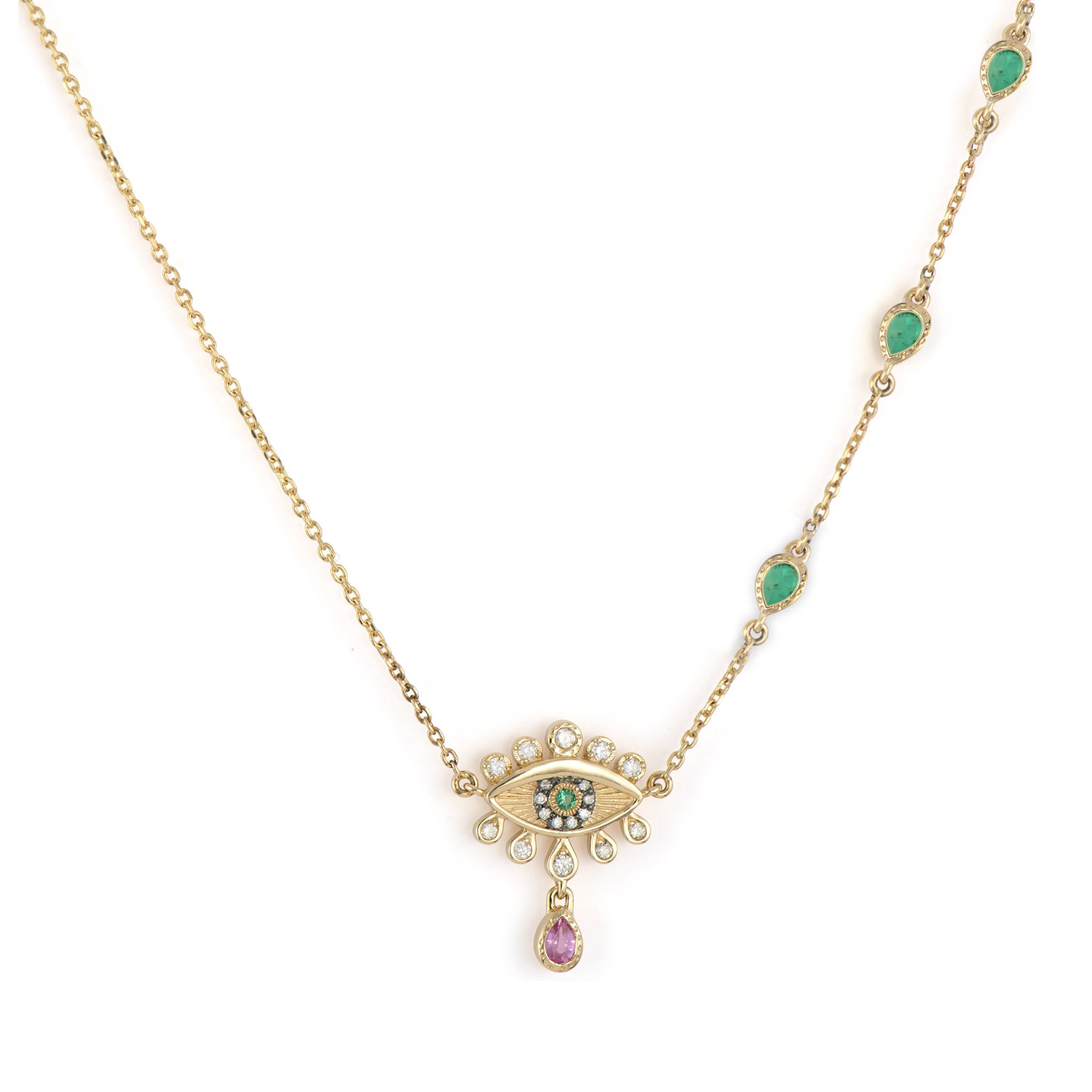 Tiny Evil Eye Emerald and Sapphire Necklace