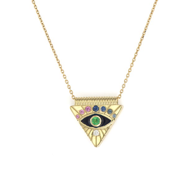 Closeup photo of Double Sided Evil Eye Pyramid Necklace