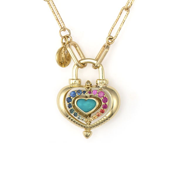 Closeup photo of Rainbow & Diamond Heart Spinning Lock Pendant