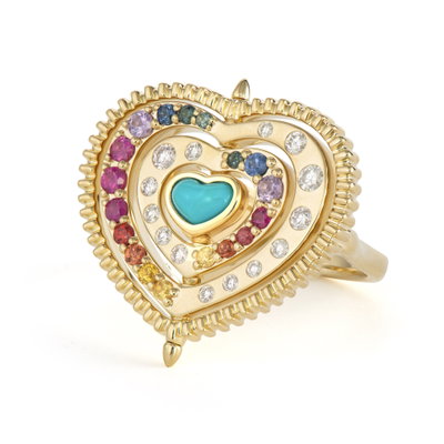 Spinning heart ring in gold and turquoise