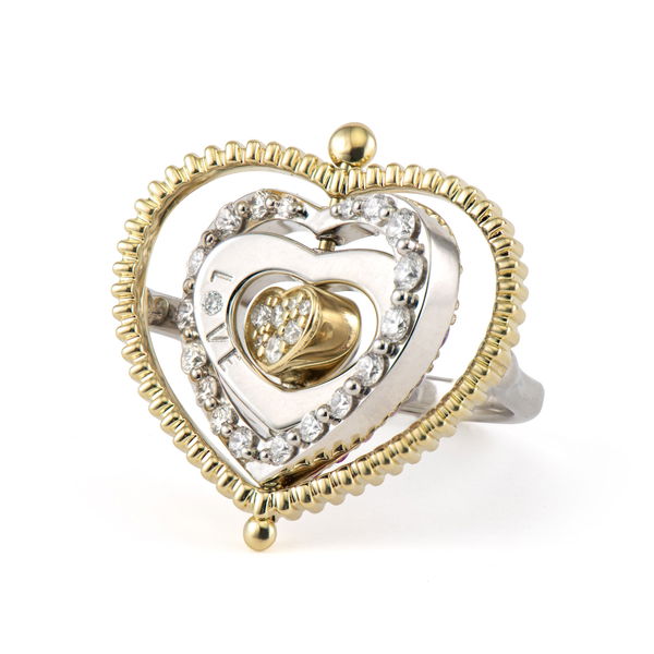 Closeup photo of Platinum & Gold Large Heart Spinning Ring