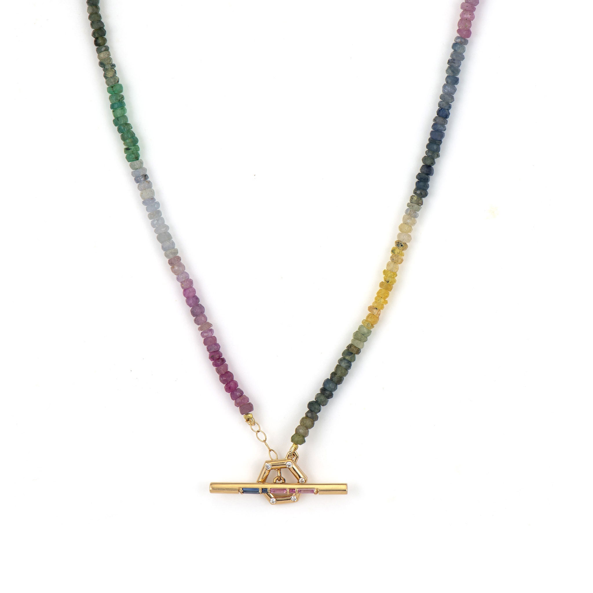 Sparkling Sea Rainbow Sapphire Necklace with Hexagonal Sapphire Toggle 18"