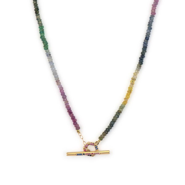 Closeup photo of Sparkling Sea Rainbow Sapphire Necklace with Hexagonal Sapphire Toggle