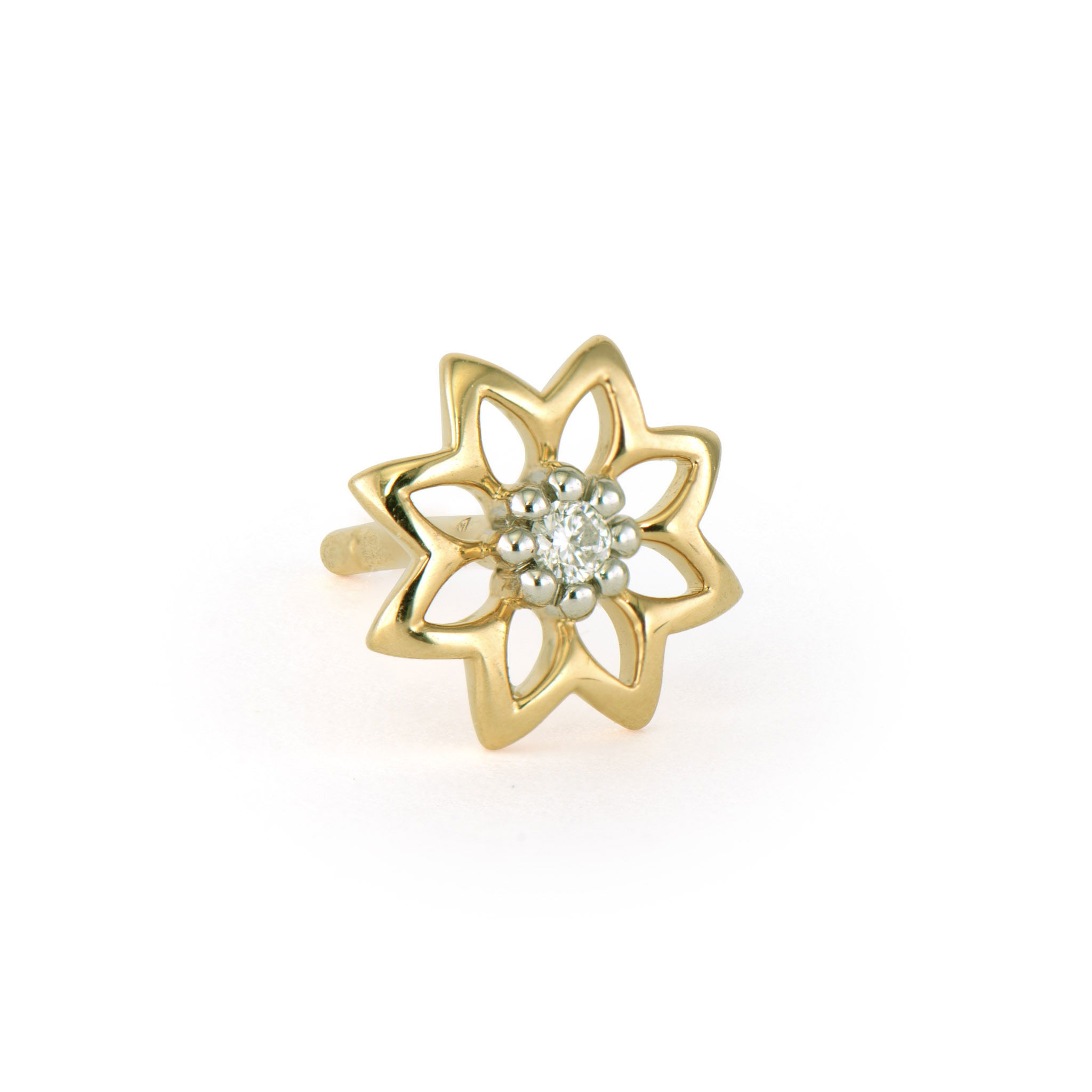This Single Open Flower Stud Earring brings delicate botanical beauty to your ear. Crafted in 14K gold, it features an open, minimalist flower design with graceful petals forming the bloom. At the center sits a small round diamond, secured in a bezel setting that perfectly captures the gem's brilliance. The open framework creates a light, airy feel while maintaining the recognizable flower silhouette. This charming stud adds a touch of nature-inspired elegance to any look. Studs sold as singles. Single Open Flower Stud Earring