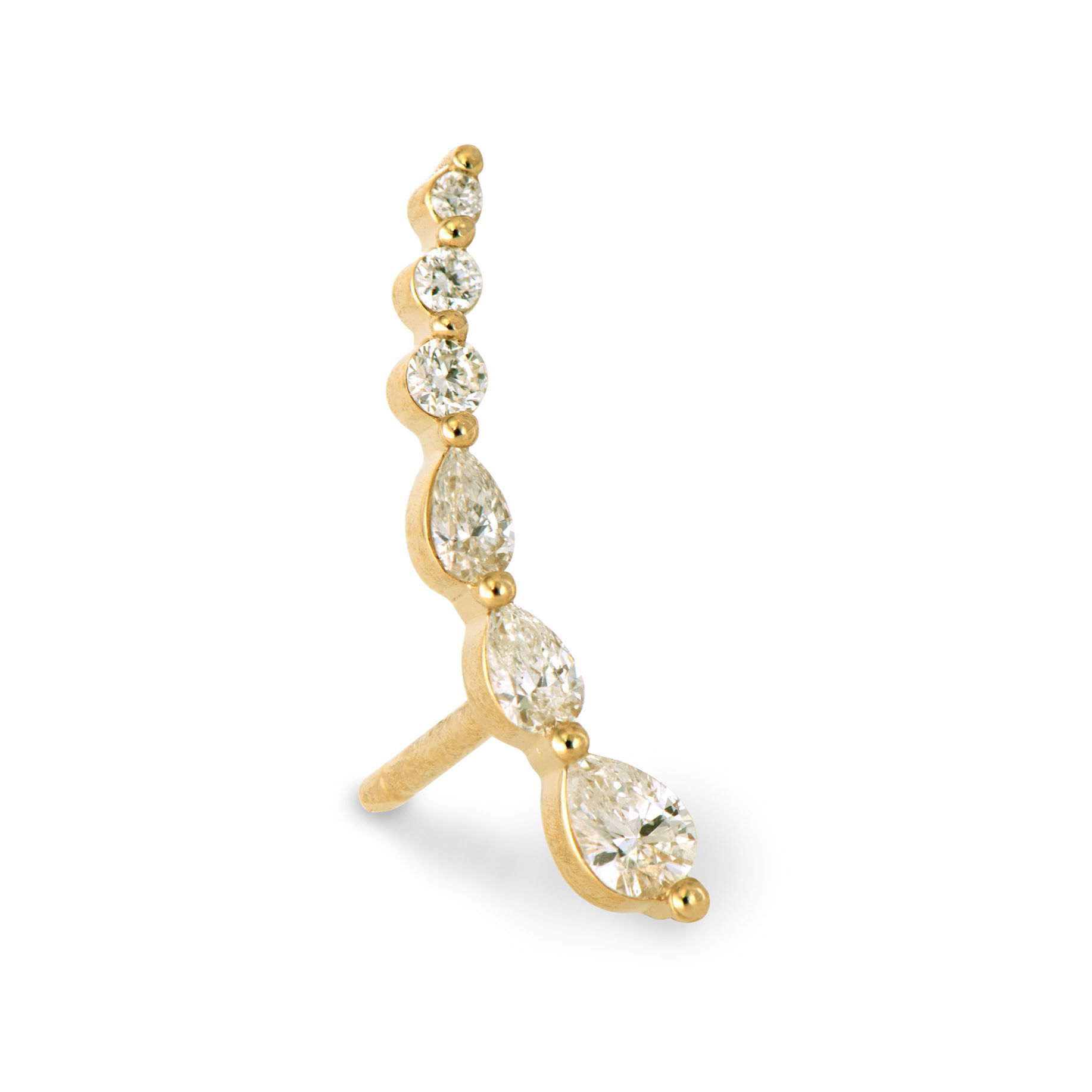 This Single Diamond Constellation Crawler Earring creates a celestial path of light along your ear. Crafted in 14K gold, this elegant crawler features a thoughtful arrangement of pear and round diamonds that mimic the pattern of stars in a constellation. The graduated placement of the stones creates a sense of movement as they appear to climb gracefully up the ear. Perfect for adding asymmetrical sophistication to your look or pairing with other Three Stories earrings for a personalized ear story. Studs sold as singles. Single Diamond Constellation Crawler Earring