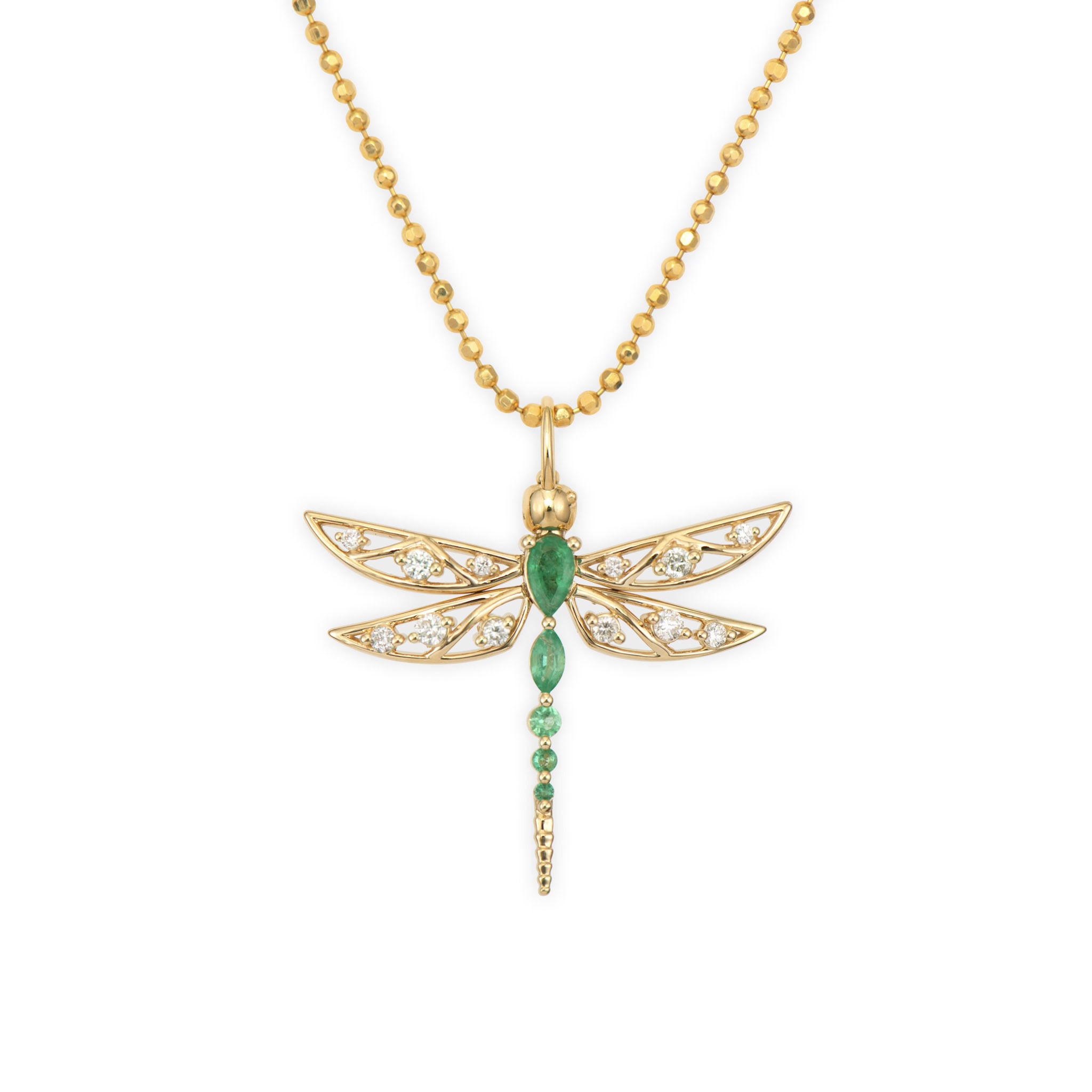 This Large Dragon Fly Emerald Top Switch Charm captures the delicate beauty of nature in luxurious form. Crafted with intricate detail, the dragonfly features vibrant emeralds and sparkling diamonds that bring its wings and body to life, all set in 14K yellow gold. What makes this charm truly special is that the wings actually move, creating a lifelike flutter effect as you wear it. The innovative Three Stories top switch mechanism allows you to easily transform this charm from a pendant to an earring charm, giving you versatility in how you wear it. When worn as an earring, the dragonfly appears to hover gracefully next to your ear, while as a pendant, it makes a striking statement piece. This sparkling gold charm can be worn on Three Stories hoop earrings or added to a chain bracelet or necklace. Perfect for nature lovers or those who appreciate unique, conversation-starting pieces. Hoops and charms sold separately. Large Dragon Fly Emerald Top Switch Charm