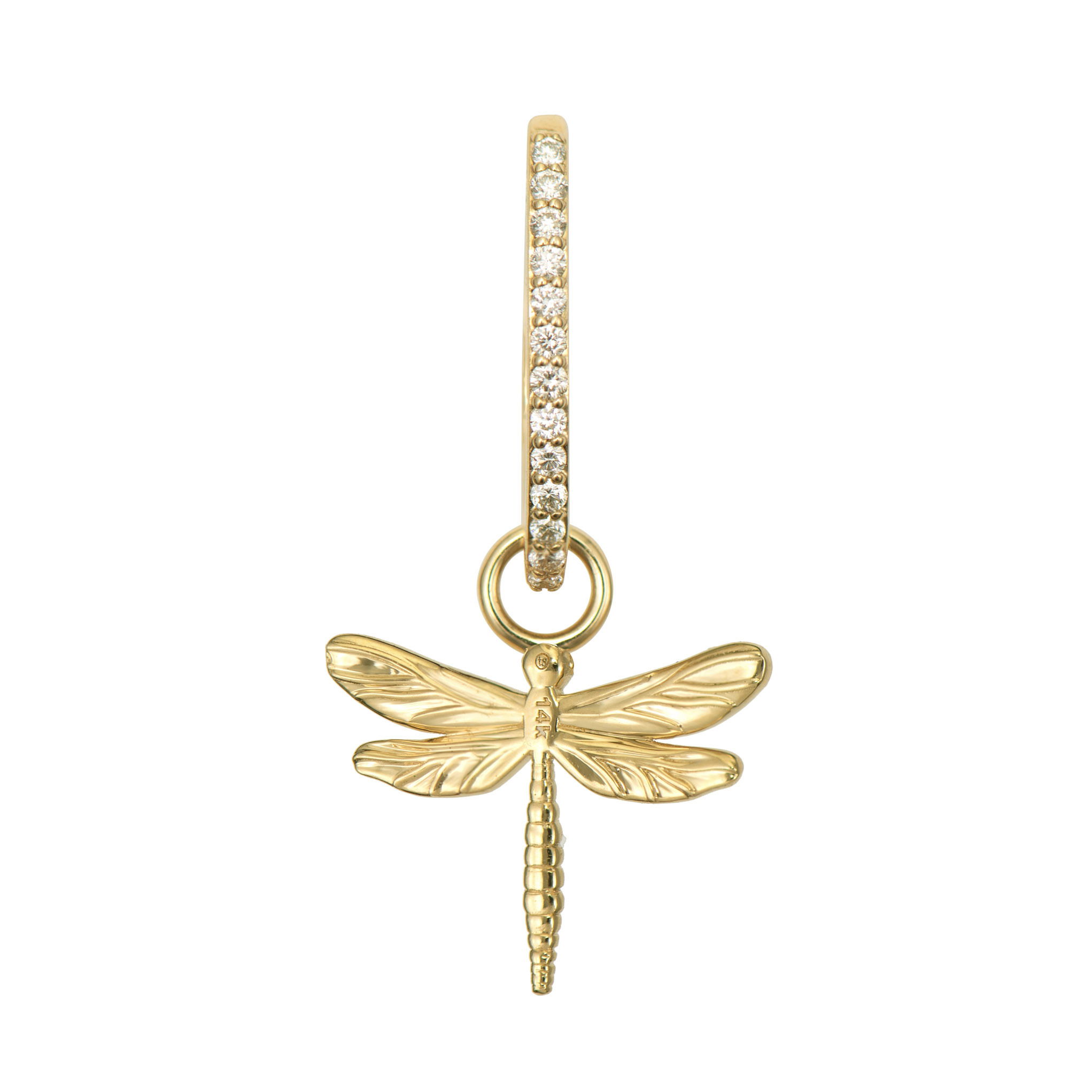 This Small Dragon Fly Charm captures the delicate beauty of one of nature's most elegant insects. Crafted in 14K yellow gold, it features wings adorned with pavé diamonds that catch the light beautifully with every movement. The intricate detailing showcases the dragonfly's distinctive silhouette, from its slender body to its shimmering wings. This sparkling gold charm can be worn on Three Stories hoop earrings or added to a chain bracelet or necklace by adding an openable pendant bale. Hoops and charms sold separately. Small Dragon Fly Charm